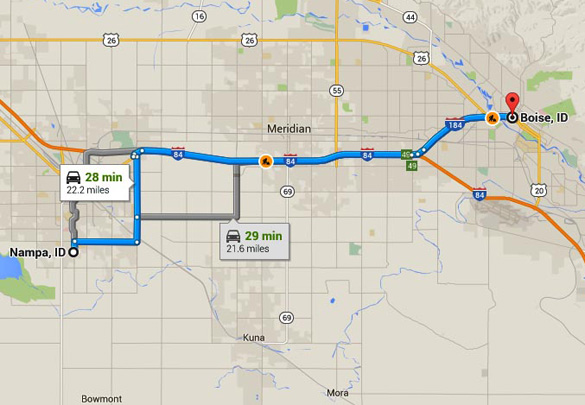 Nampa is about 22 miles southwest of Boise, Idaho. (Credit: Google Maps)