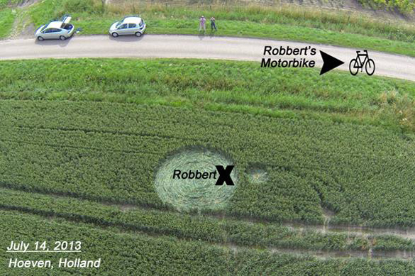 July 14th - Robbert is apparently picked up by large light-ball and deposited inside a brand new crop circle.  Photo: Ronald Sikking