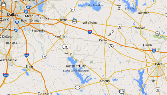 Lindale, TX, is about 90 miles directly east of Dallas. (Credit: Google)