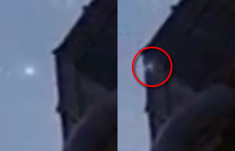 UFO passing behind a building, but is temporarily visible in front of the building. (credit: HOAXKiller1/alymc01)