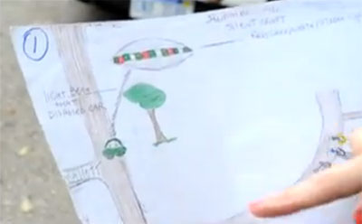 Tremaine's drawing of the UFO shooting its beam at the unmarked police car.