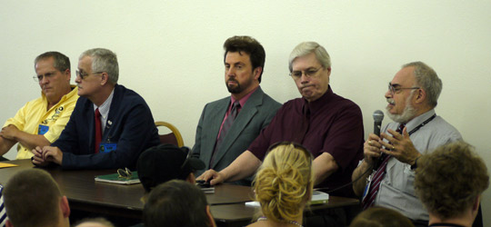 Panelist from left: Frank Kimbler, Kevin Randle, Don Schmitt, Tom Carey, and Stanton Friedman. (image credit: Alejandro Rojas)