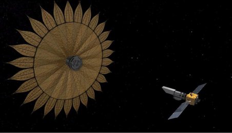 A Starshade with a simple telescope could help scientists on the ground hunt for another Earth. (Credit: NASA/JPL/Caltech)