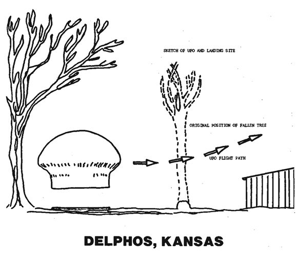 1.A drawing of the Delphos object and its trajectory as it flew off. (Credit: MUFON)
