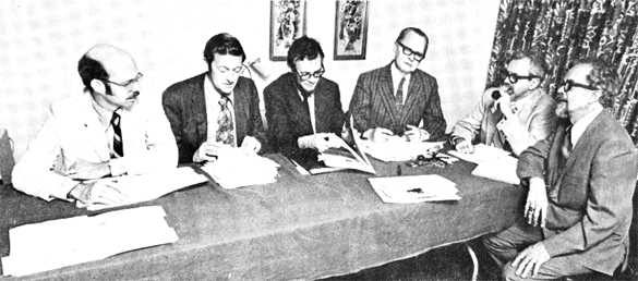 National Inquirer panel from 1975. From left: Dr. R. Leo Sprinkle, Dr. Frank Salisbury, Dr. James Harder, Dr. Robert Creegan, Dr. J. Allen Hynek and Mr. Jim Lorenzen. (Credit: APRO)