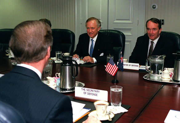 Australian Minister of Defense John Moore (right) and Australian Ambassador to the United States Andrew Peacock (center) meet with Secretary of Defense William S. Cohen (left) at the Pentagon in 1999. (Credit: U.S. Department of Defense)