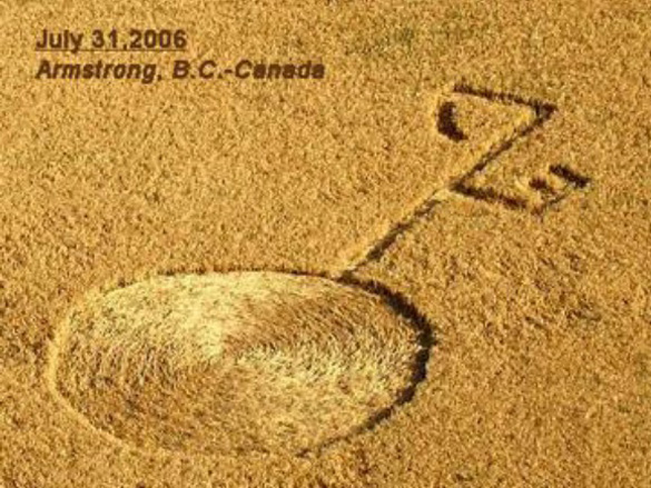 Bizarre-looking approx. 100' long crop circle found near Armstrong, B.C. on same day eyewitness observes UFO of this exact design. Photo: Clarence Glaicar, Aug. 2nd.