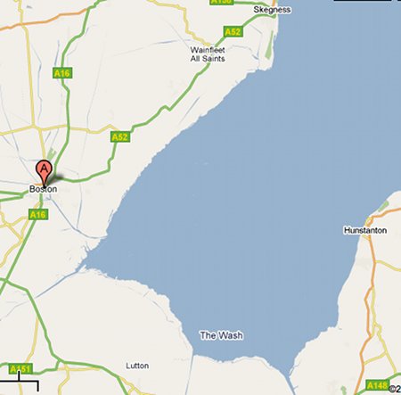 A map of Boston, Skegness, and the Wash (Google Maps).