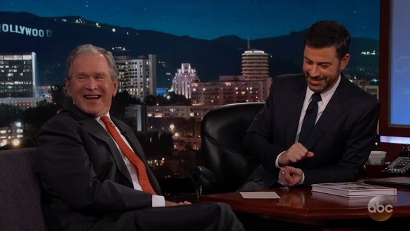 Bush and Kimmel laugh during UFO discussion on Jimmy Kimmel Live! (Credit: YouTube/Jimmy Kimmel Live!)