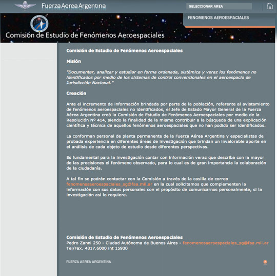The official communiqué about the UFO commission in the Argentinean Air Force website.