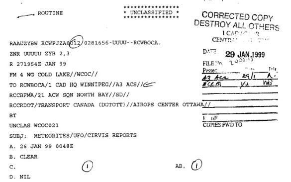Excerpt from a Canadian CIRVIS UFO file. (Credit: TheBaclVault/Canadian Government)