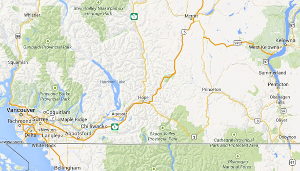 Map of West Kelowna in relation to Vancouver. (Credit: Google Maps)