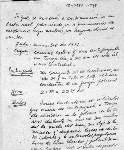 First page of the May 12, 1979 handwritten report by retired police colonel to the UFO group Orion. (image credit: Huneeus Collection/Orion)
