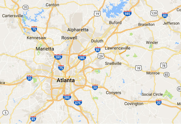 The route the witness was taking from Cartersville to Canton on the I-20 can be seen in the upper left corner of this map, along with the area's proximity to Atlanta, Georgia. (Credit: Google Maps)