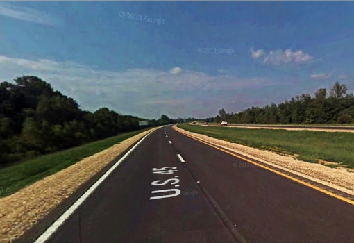 The Mississippi couple was southbound along Highway 45 between Saltillo and Tupelo when the triangle-shaped object moved low over the roadway on February 7, 2014. (Credit: Google)