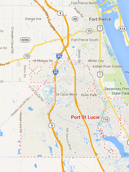 A Port St. Lucie, Florida, couple reported an unusual encounter with lights in a wooded area. (Credit: Google)