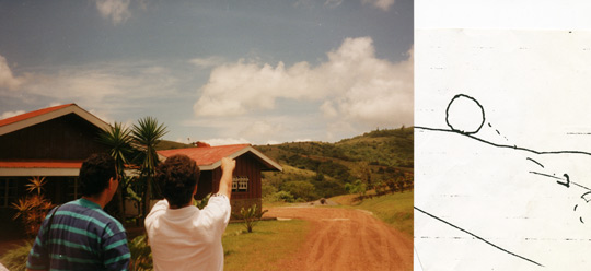 Eco Lodge employees point at the spot where they saw the UFO, along with a sketch of what they saw. Don Jose Flaqué