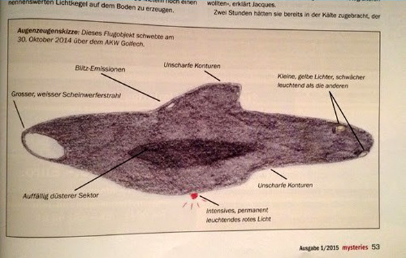 Witnesses sketch of the object that on 30 October 2014, the French nuclear power station Golfech scanned (Illu.). (Credit: Robert Fleischer / mysteries-magazin.com http://www.mysteries-magazin.com)