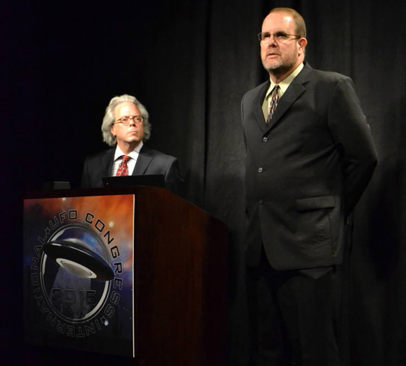 John Burroughs (right) and his lawyer Pat Frascogna presenting their case at the 2015 International UFO Congress. (Credit: Carlo Petrick)