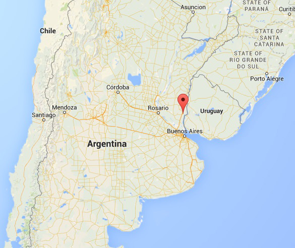 Marker shows location of Gualeguaychú, Entre Ríos, Argentina. (Credit: Google Maps)