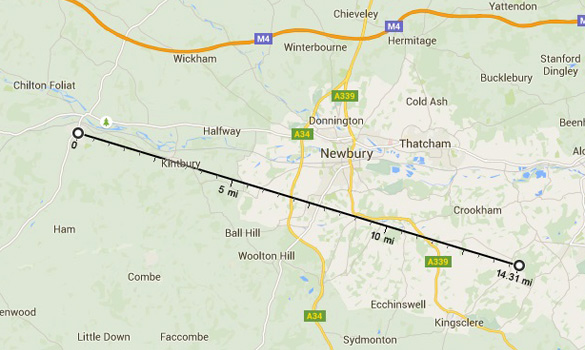 Map showing distance and direction of Ashford Hill in relation to Hungerford. Hungerford is where the ditnce line beigns. Ashford hill is at the end. (Credit: Google Maps)
