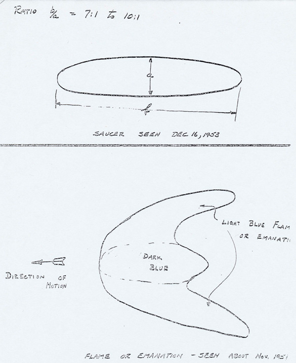 Johnson's UFO drawings. The top image is a drawing of the sighting from December 1953, the bottom is his first sighting in November 1951. (Credit: U.S. Air Force Project Blue Book)