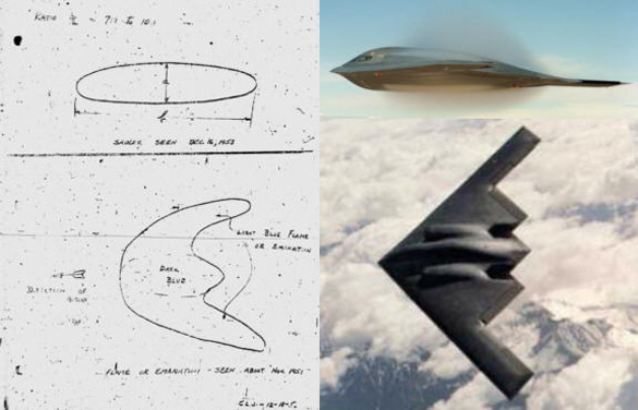 Image from the UFO Partisan website demonstrating the similarity to the UFOs Johnson saw and the stealth bomber. He questions whether Skunk Works was influenced by the sightings. (Credit: The UFO Partisan - ufopartisan.blogspot.com)