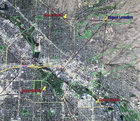 Map triangulating the position of the UFO. (Credit: MUFON/Google Maps)