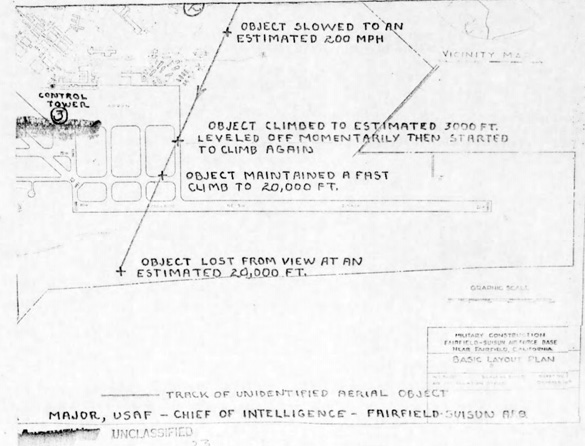 Map of Travis AFB with the track of the UFO from the Project Blue Book file. (Credit: USAF/National Archives)