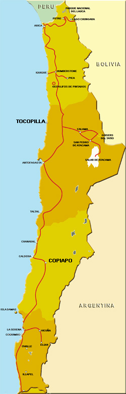 Map of northern Chile showing Tocopilla (in the upper darker area) and Copiapó, where the miners were rescued (lower yellow area). (image credit: chile-travel.com)