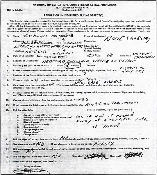 NICAP's sighiting report file for the Detroit case.