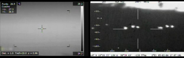 The image on the left was captured using the FLIR system by the Chasing UFOs crew. The image on the right is of the same area form the Mexican Air Force. (Credit: National Geographic)