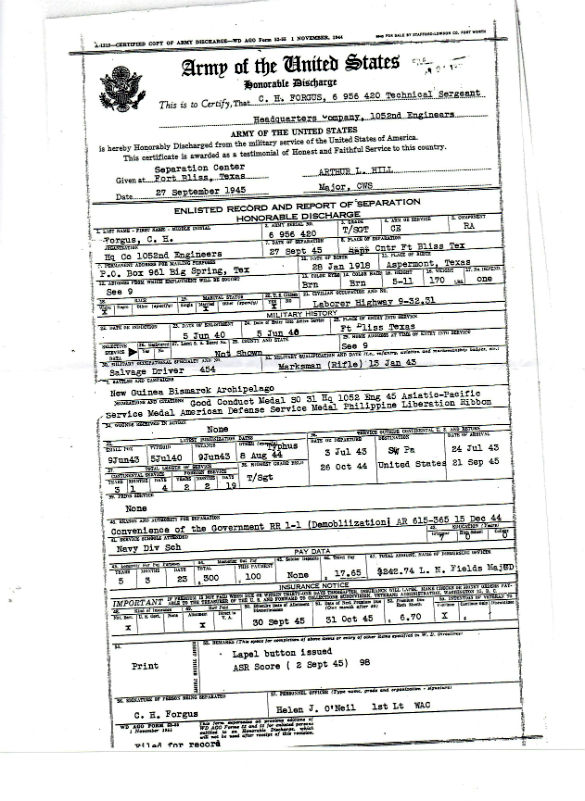 Charles Forgus military discharge papers.
