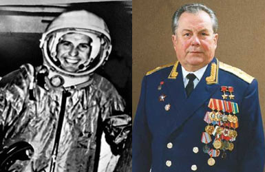 Pavel Popovich as a young cosmonaut and as a Major General of the Russian Air Force.