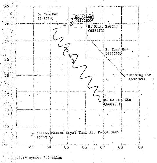 Chart of location of sightings of UFOs/possible enemy helicopters in the Thailand-Laos border in August, 1969, attached to the Kaehler OSI report.