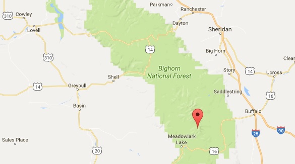 the marker shows the location of Lost Twin Lakes in Bighorn National Forest. (Credit: Google Maps)