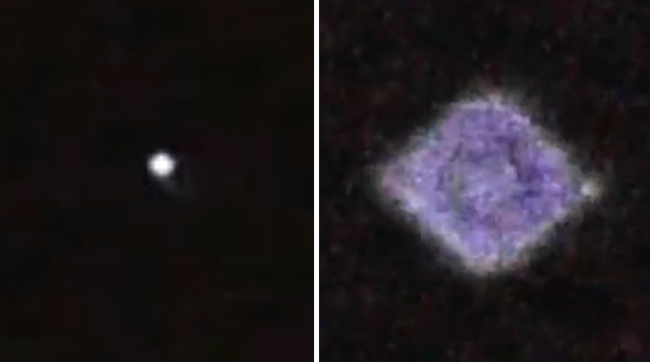 The UFO as it appeared when the camera was zoomed out (L) and zoomed in (R). (Credit: Craig Lowther)