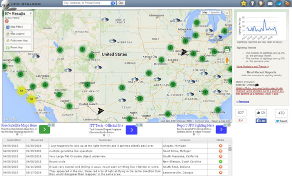 UFO Stalker sighting reports map. (Credit: UFOStalker.com)
