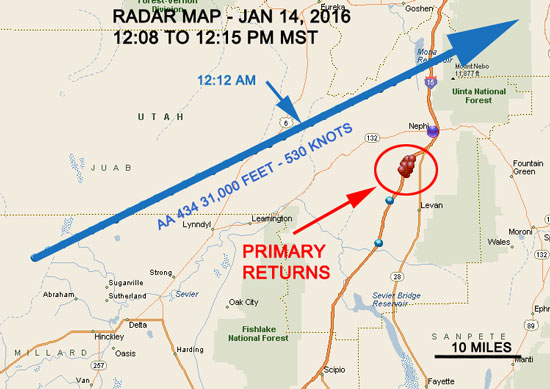 Radar hits in relation to the flight path. The times in this graphic mistakenly show pm, instead of am. (Credit: UFOs Northwest)