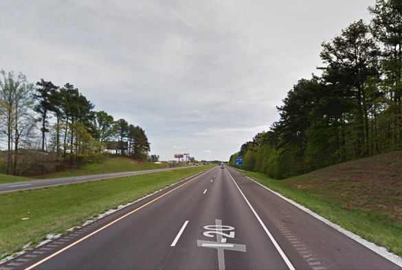 The witness was near this location traveling eastbound along Alabama’s I-20 nearing the 205 exit when she first saw the triangle-shaped object hovering at the tree top level on January 20, 2014. (Credit: Google Maps)