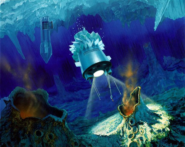 An artist's impression of a torpedo-shaped cryobot having penetrated through Europa's ice layer and released a probe into the ocean below. (Credit: NASA/JPL)