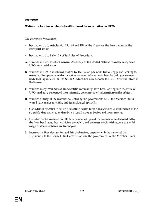 Borghezio's Written Declaration on the declassification of documentation on UFOs page 2.