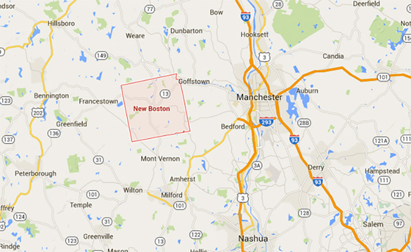 New Boston is about 15 miles directly west of Manchester, NH. (Credit: Google)