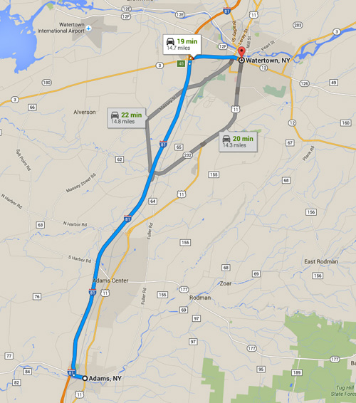 Adams, NY, is about 14 miles southwest of Watertown, along Route 11. (Credit: Google)