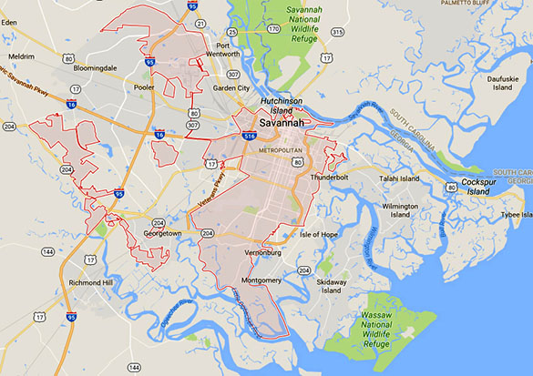 The witness first noticed a dark, round silhouette with small wings coming toward him over Savannah, GA. (Credit: Google)