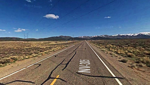 The witness first saw a bright light ahead about 1,000 yards that appeared to be hovering. Pictured: Near Austin, NV. (Credit: Google)