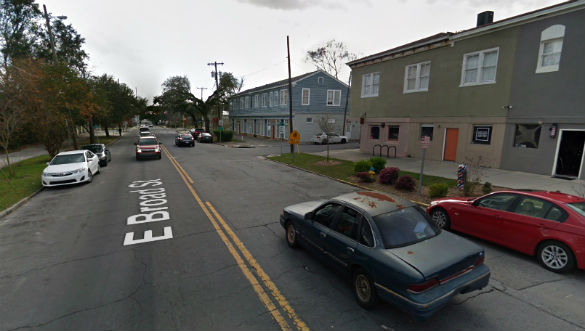 The witness described two hovering triangle objects while driving down East Broad Street in Savannah, GA, pictured. (Credit: Google)