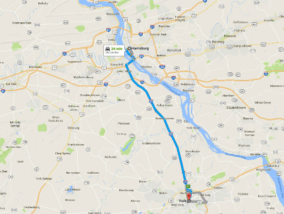 York is about 26 miles southeast of Harrisburg, PA. (Credit: Google)