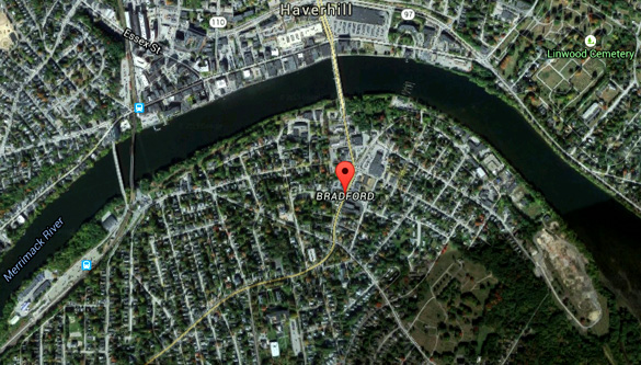The Bradford, MA, witness said the object was hovering about 10 feet off of the ground and was about 10-20 feet away. (Credit: Google Maps)