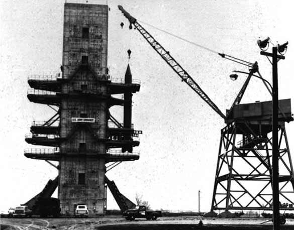 Construction pictured in 1953 of the largest static test stand in the United States for testing rocket motors was completed at Redstone Arsenal slated for use in the JUPITER program. (Credit: Wikimedia Commons)